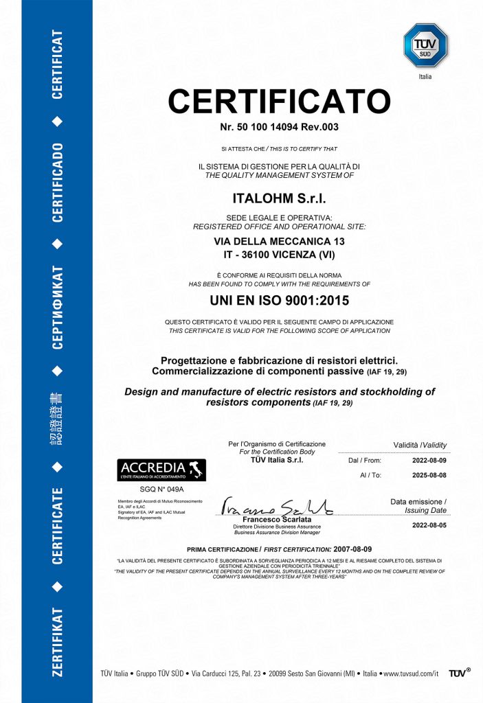 Resistori industriali Certificati